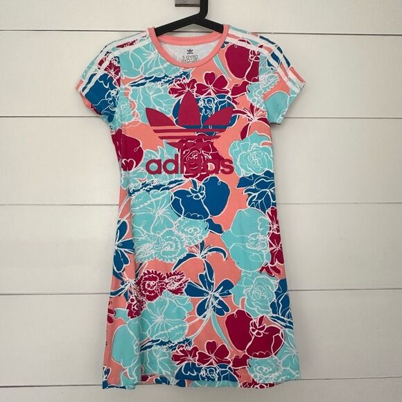 Adidas Girls Kids 11/12 Floral Striped Mini Dress - Picture 1 of 4
